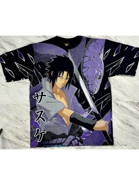 Naruto Sasuke Uchiha Anime AOP Graphic Shirt XL Purple Snake Manga Tee #11P